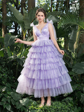 Midi V-Neck Tiered Tulle Dress with Sheer Spaghetti Straps & Bow Accents – Romantic Evening Gown for Cocktail Parties & Spring Galas